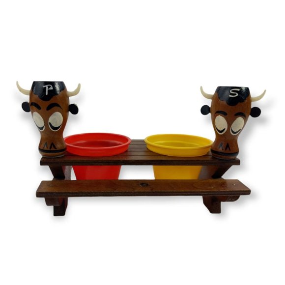 Wooden Picnic Bench Bull Salt and Pepper Condiment Stand Vintage 5 Piece Set - Picture 1 of 7